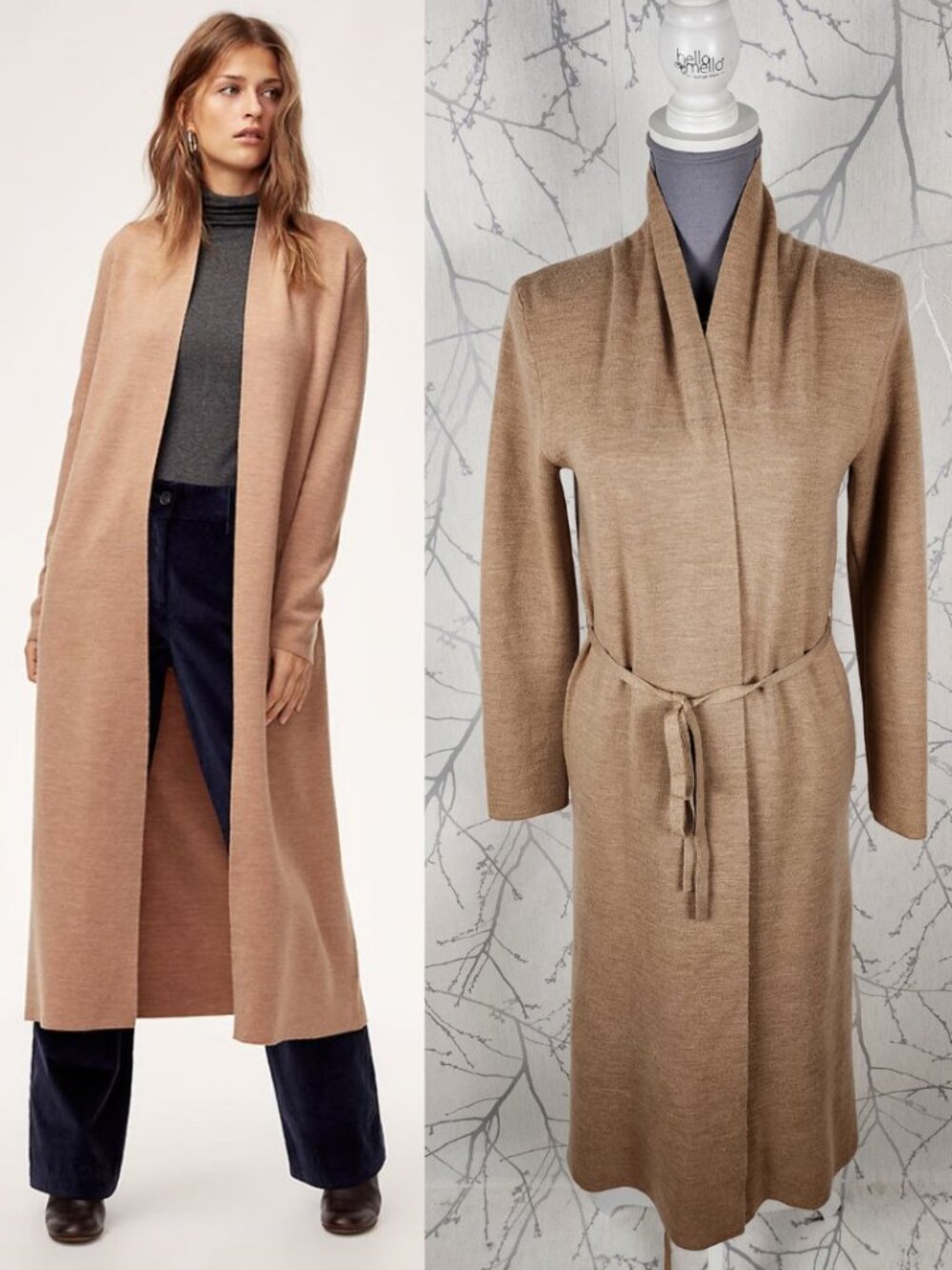 Babaton Beige 91% Merino Wool Knit Kibry Belted Long Cardigan